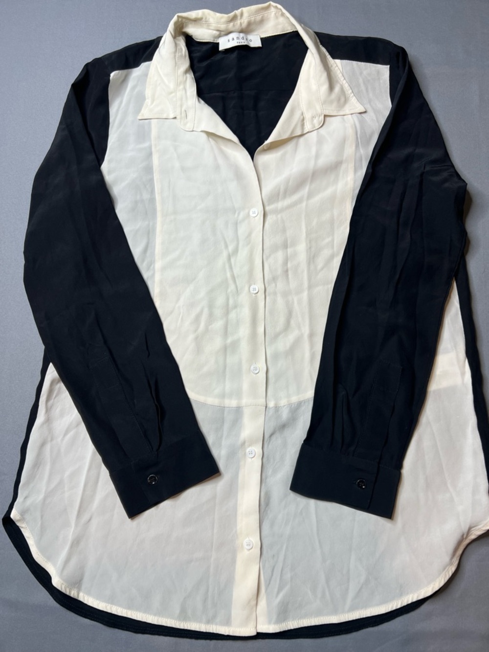 Sandro Paris 100% Silk Women’s Tuxedo Blouse | Black & Off-White Size 2